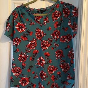 41 Hawthorn Teal Blouse with Red Floral Pattern
